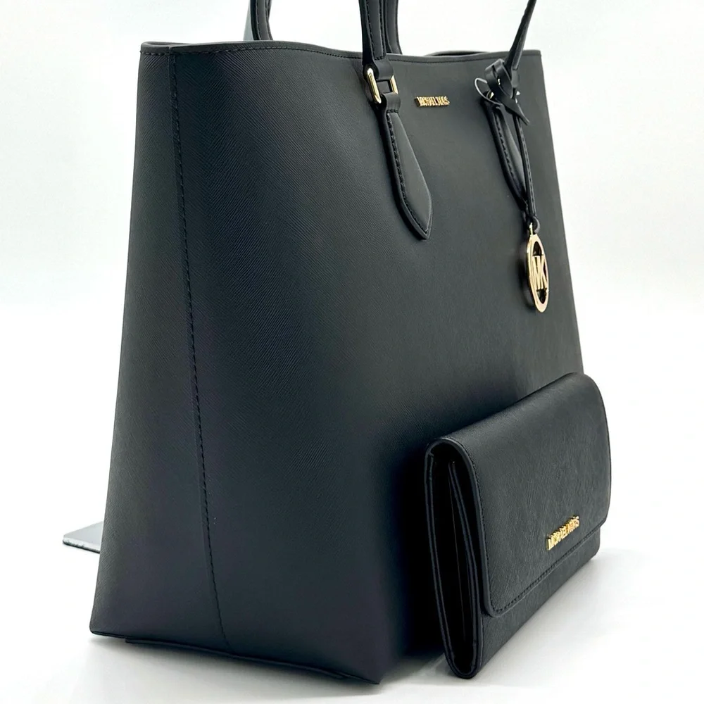 Michael Kors Sheila Large Logo Tote Bag & Matching Trifold Wallet Black/Gold